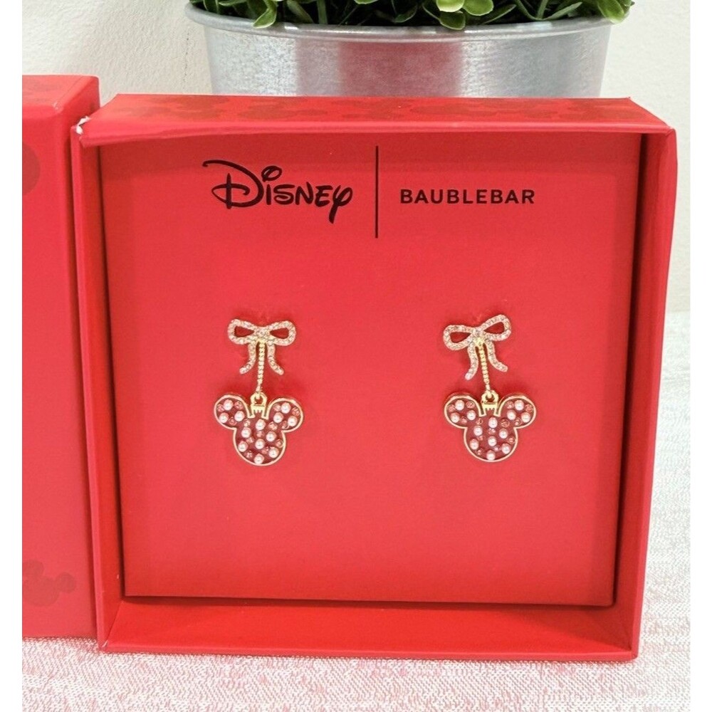 Disney x BaubleBar Mickey Mouse Pink Pearl Bow Dangle Earrings Gold Tone NIB